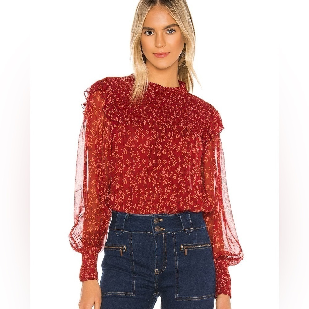 FREE‎ People Roma  Floral Chiffon Smocked Puff-Sleeve Blouse XS